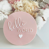 “hello world” with heart birth announcement plaque - baby pink