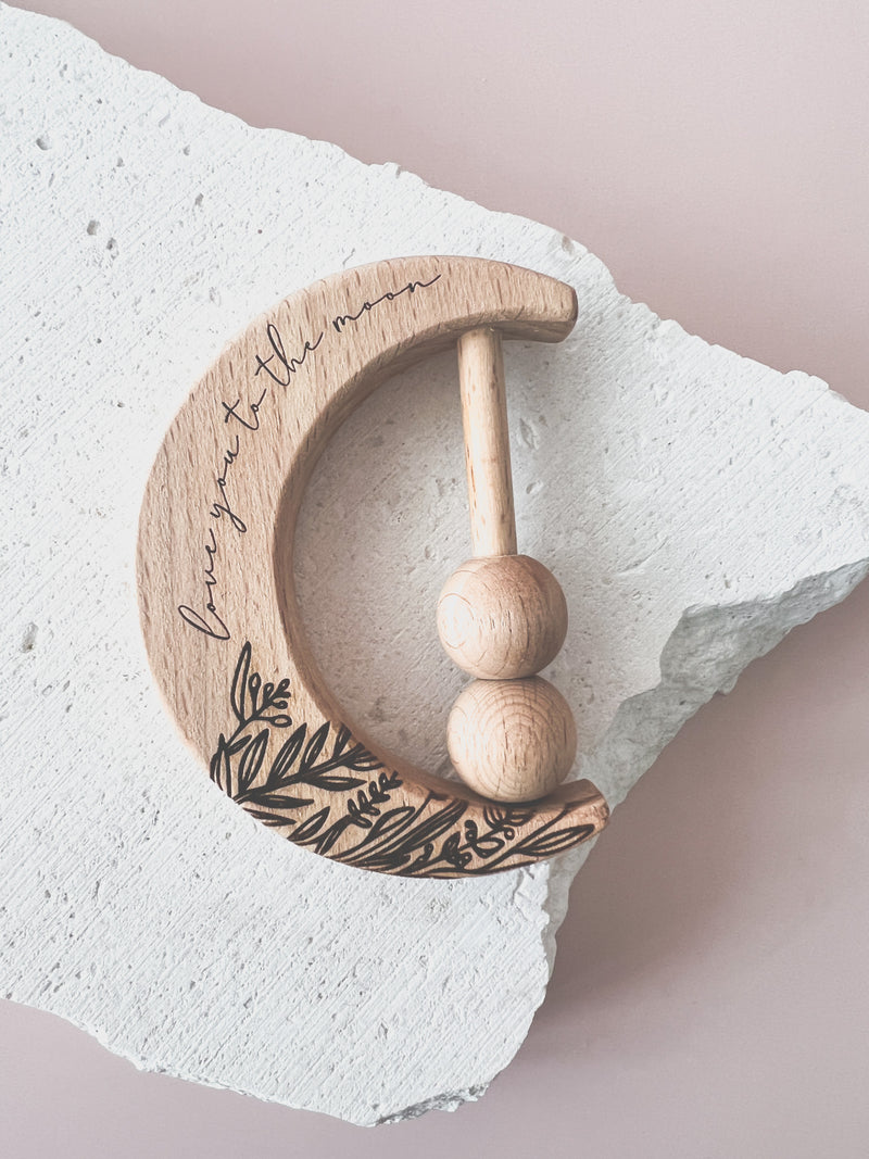 Crescent moon wooden rattle - botanical love you to the moon