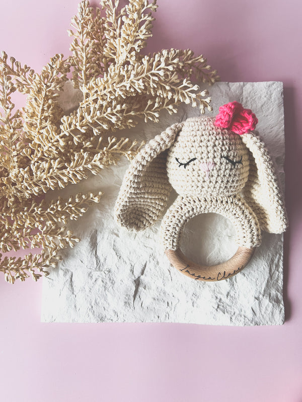 Crochet baby rattle - Bunny with pink bow