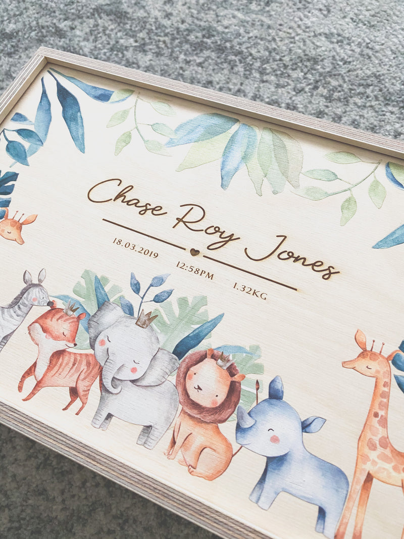 Keepsake box with baby safari animals and engraved birth details