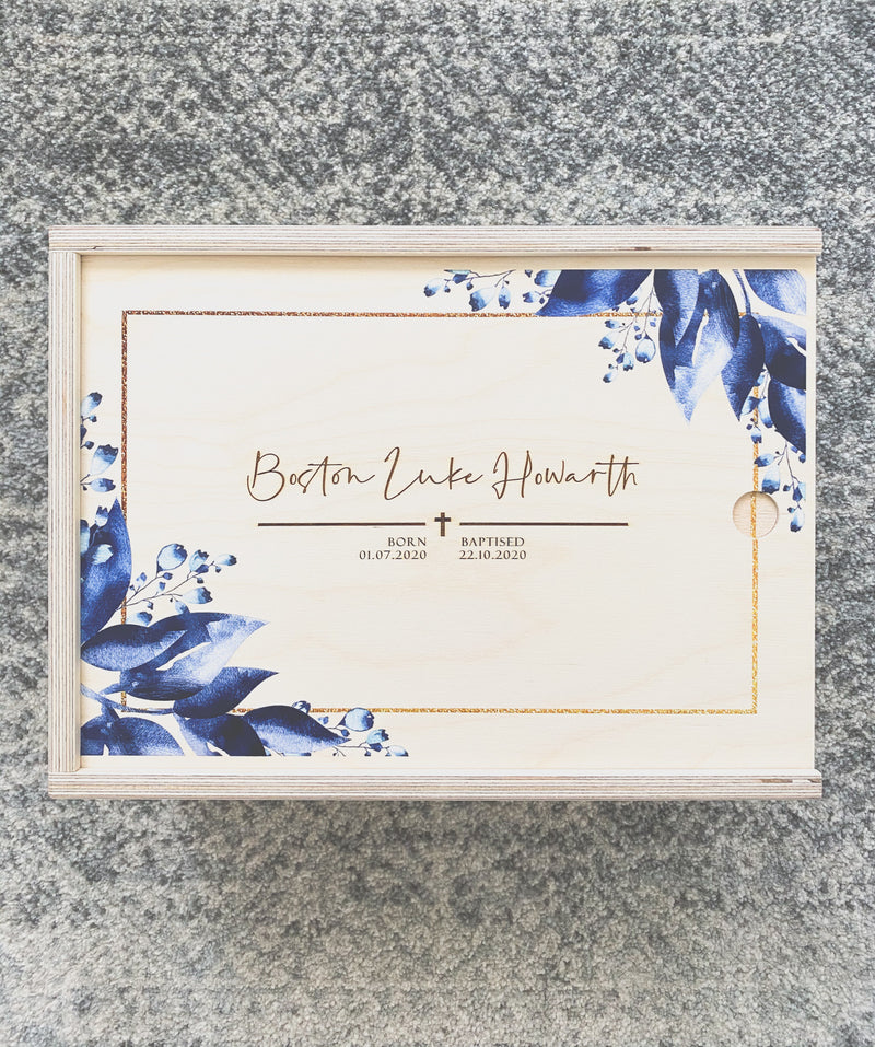Keepsake box with blue leafy print and engraved details