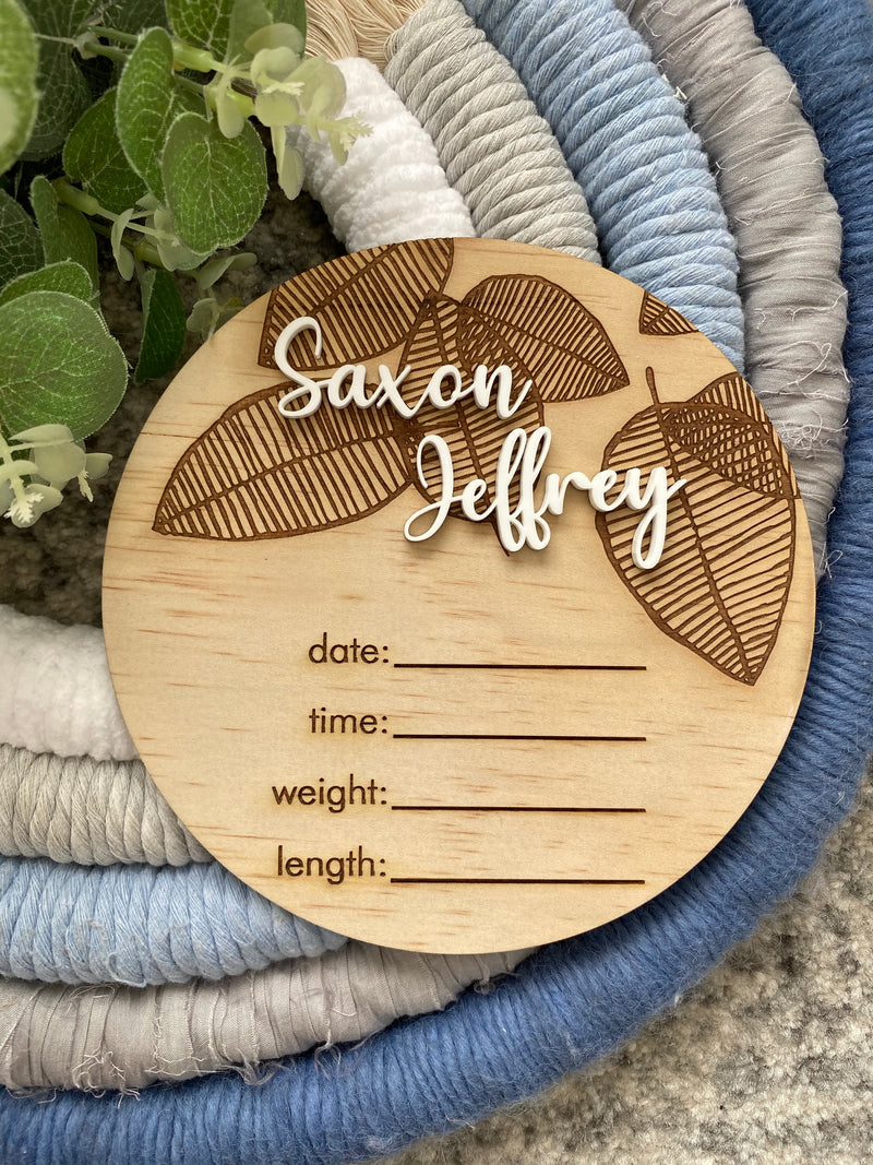 Baby’s name leaf design birth announcement plaque