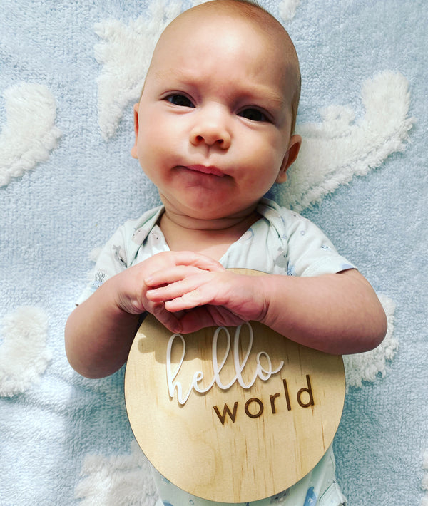 “Hello world” birth announcement plaque