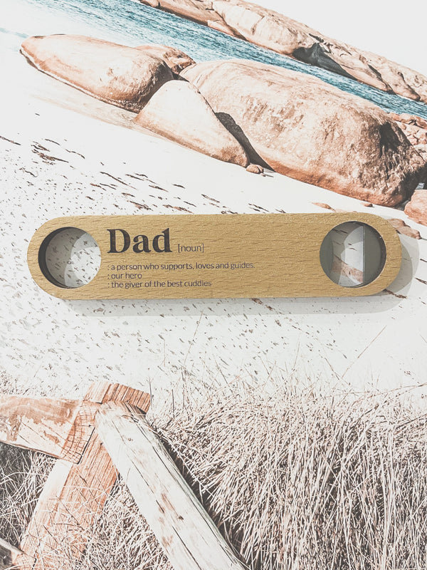 Engraved wooden bottle opener - meaning of [dad, pop, granddad, etc]