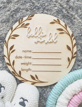 Timber baby announcement plaque with vine border