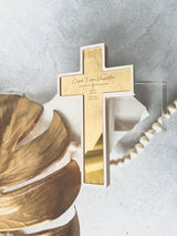 Freestanding wooden cross with engraved mirror insert