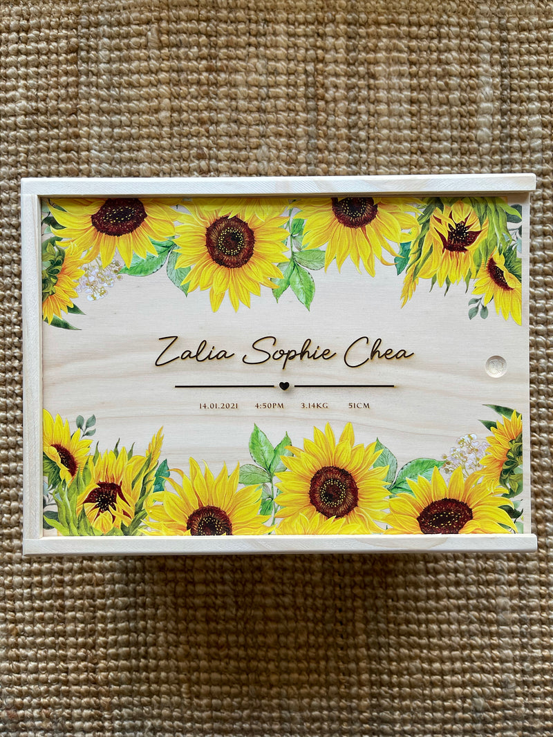 Keepsake box with sunflower print and engraved birth details
