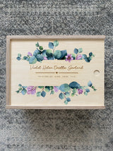 Keepsake box with purple floral print and engraved birth details