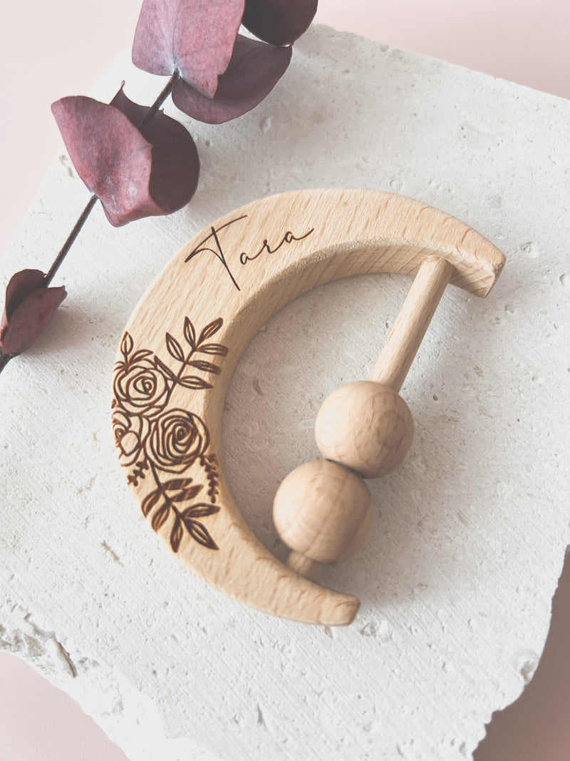 Crescent moon wooden rattle - name with florals