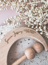 Crescent moon wooden rattle -  olive branch and “love you to the moon”