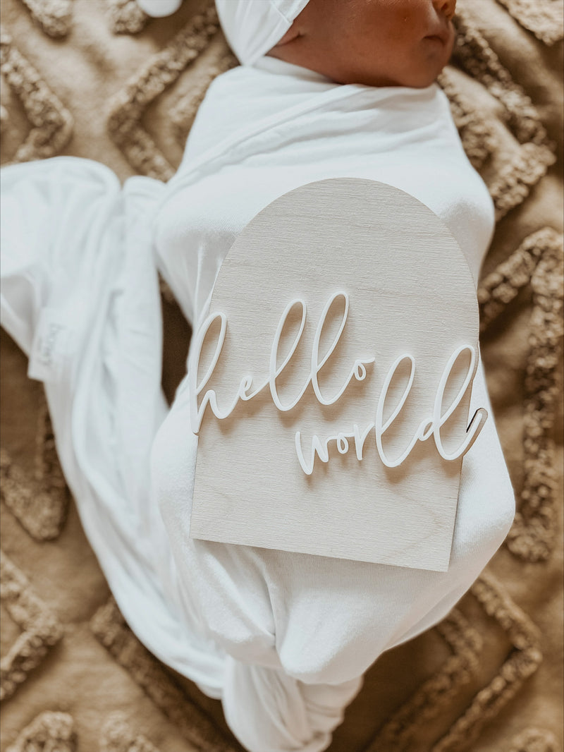 “ Hello world" arch announcement plaque - white acrylic wording