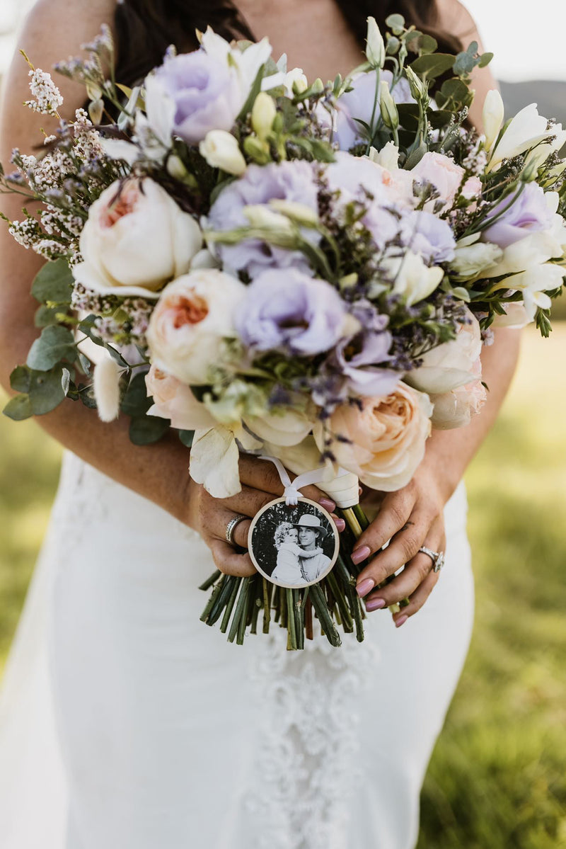 Wedding bouquet memorial photo tag with engraving