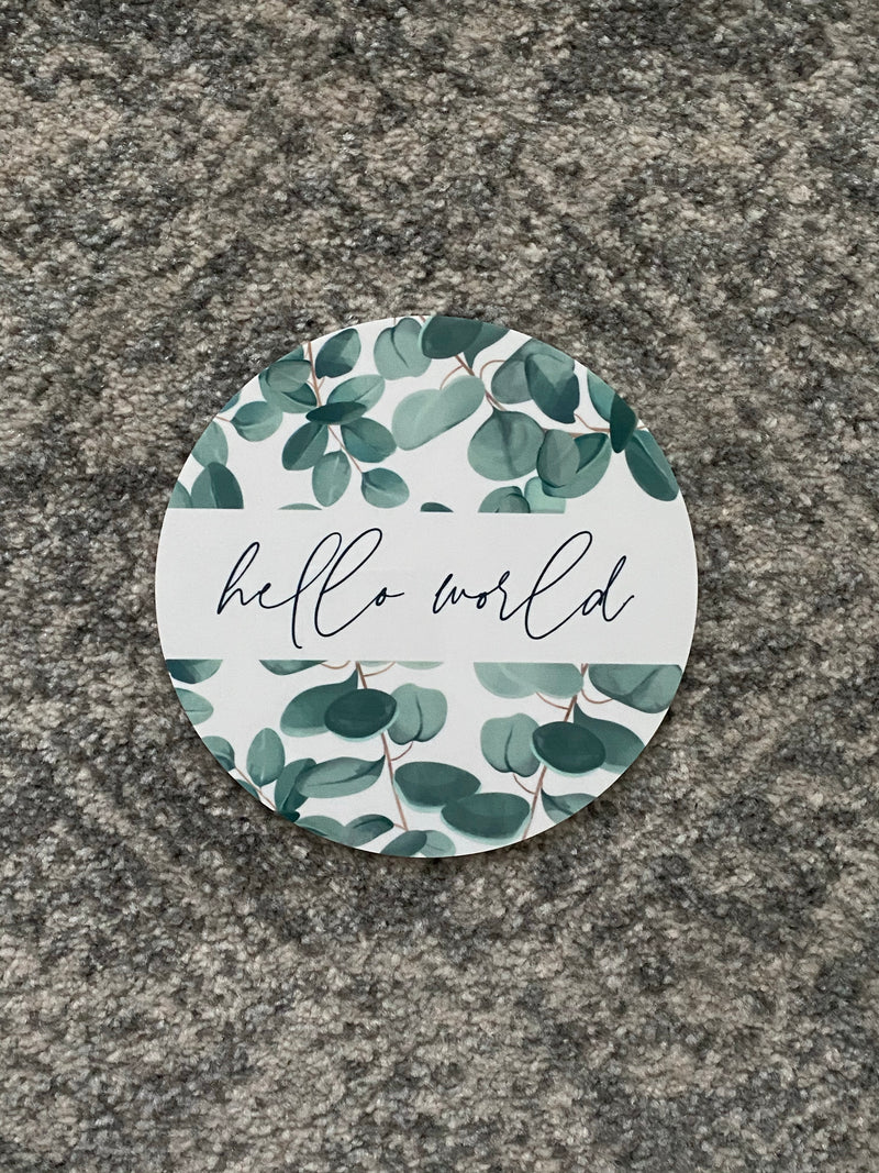 “Hello world” birth announcement plaque with eucalyptus gum print