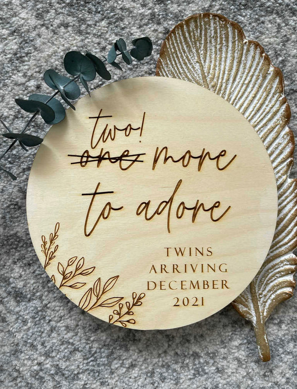 Two More To Adore twins pregnancy announcement plaque