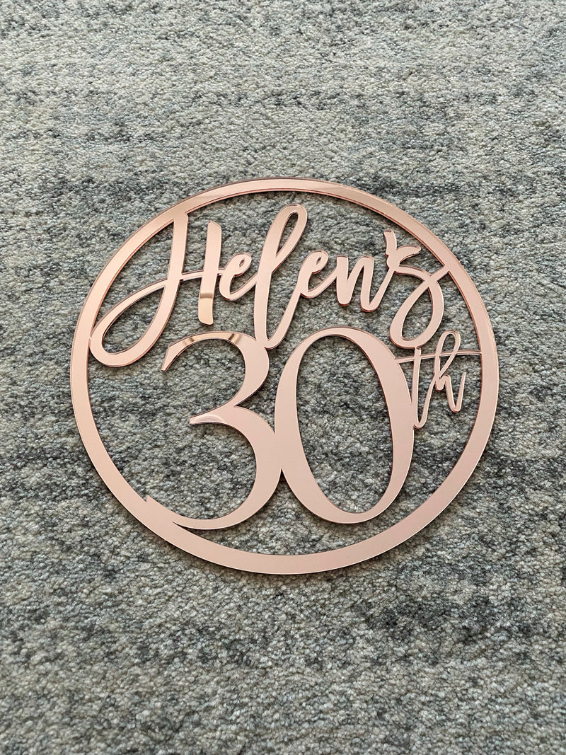 Rose gold mirror “Helen’s 30th” round hoop sign - 30cm