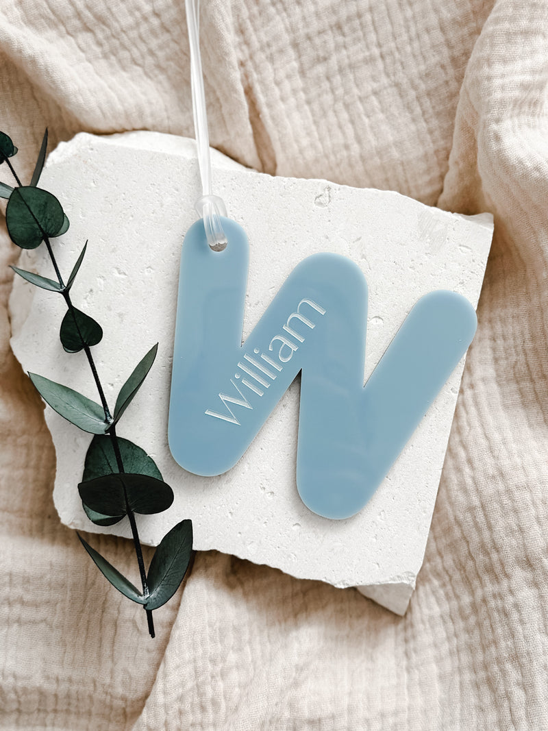Acrylic letter initial bag tag with engraved name