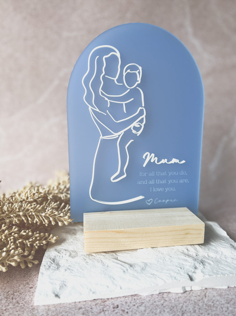 Personalised Mother and young son with timber base