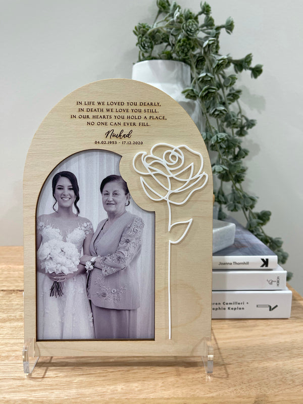 Memorial plaque with photo - white rose
