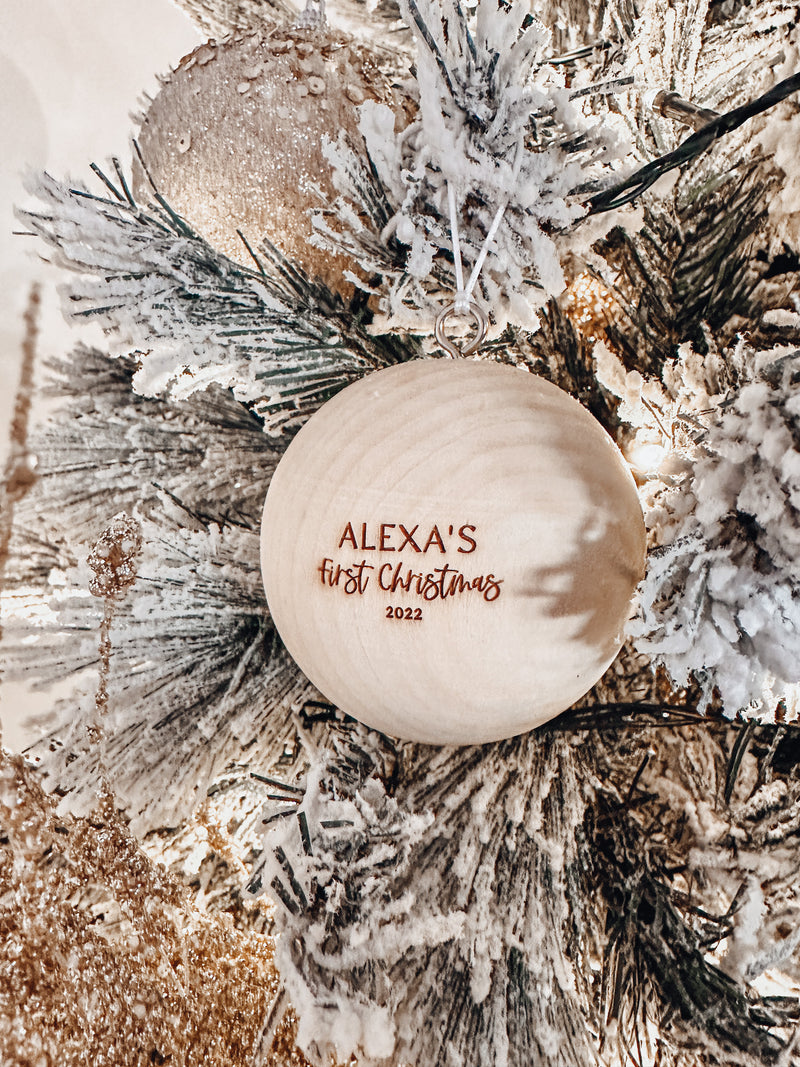 Solid wooden Christmas ball bauble with engraving - First Christmas