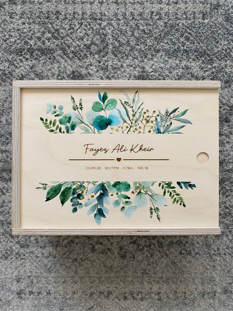 Keepsake box with eucalyptus print and engraved birth details
