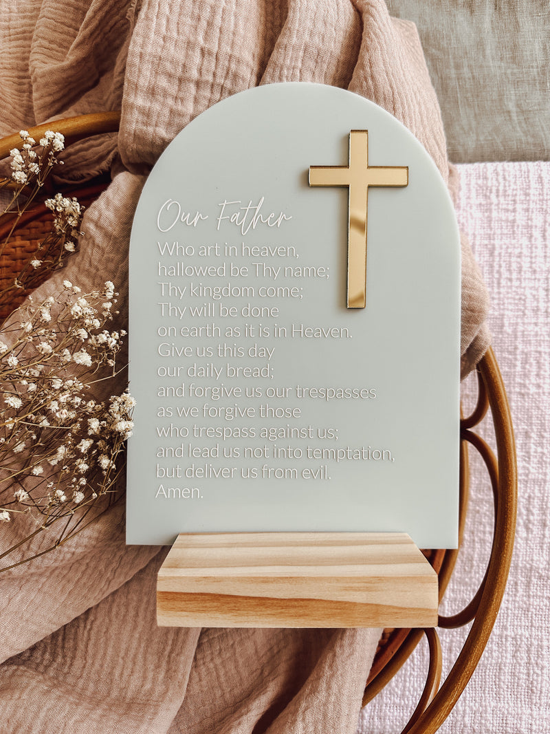 The Lord’s Prayer / Our Father - pastel blue plaque with timber base