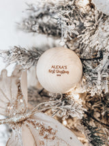 Solid wooden Christmas ball bauble with engraving - First Christmas