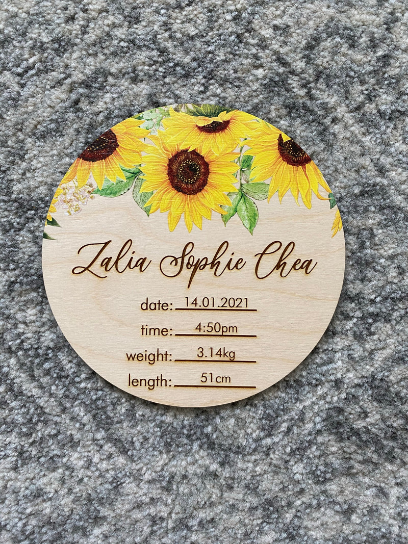 Printed sunflower baby announcement plaque