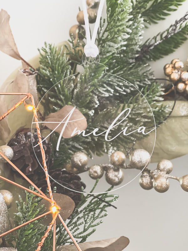 Clear or wooden single name Christmas bauble ornament