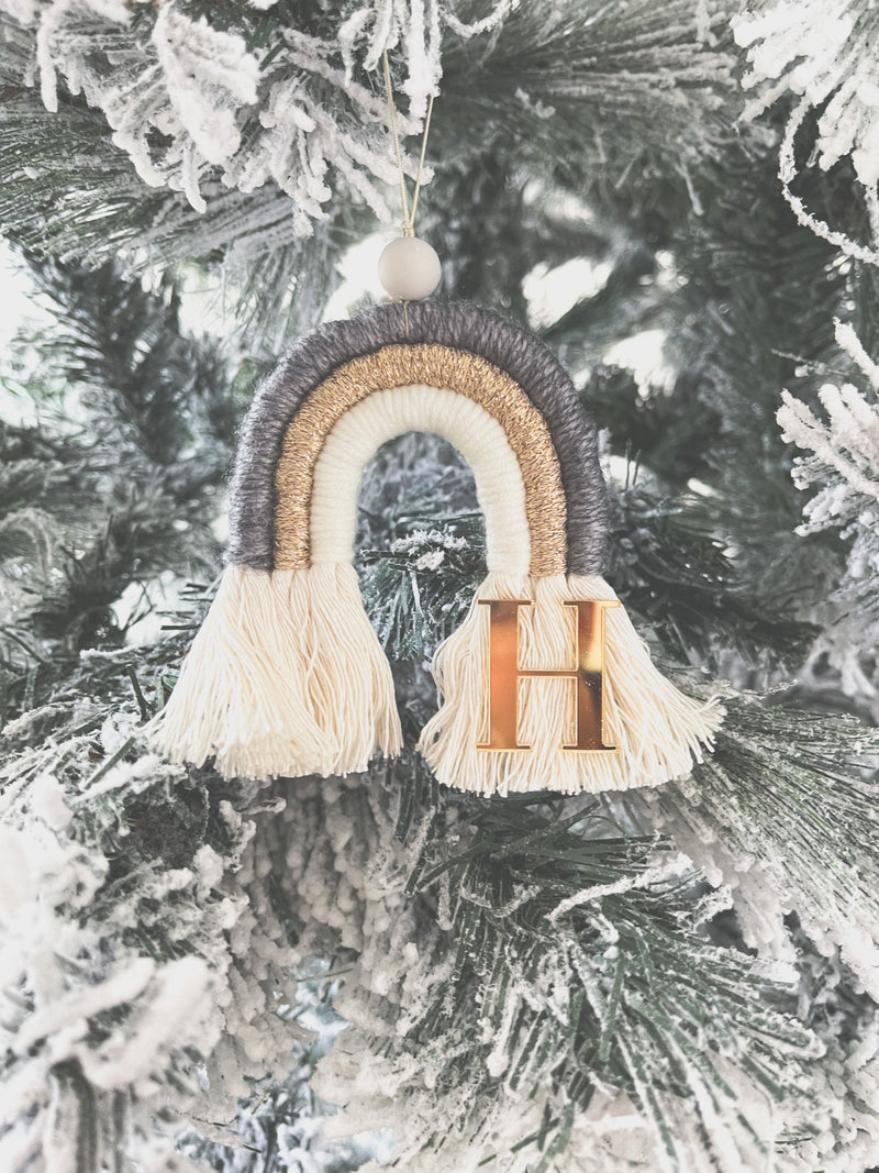 Macrame rainbow Christmas ornament - personalised with letter