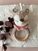 Crochet baby rattle - Deer with pink collar